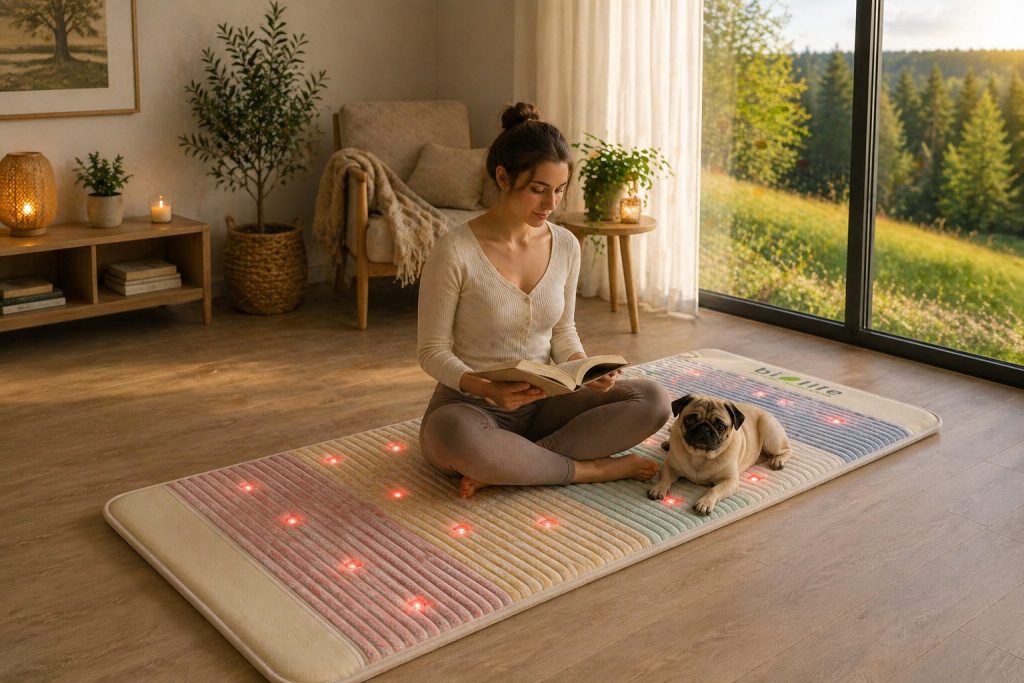 Frau entspannt mit Ihrem Hund auf einer Biolife® Premium Kristallmatte und liest ein Buch