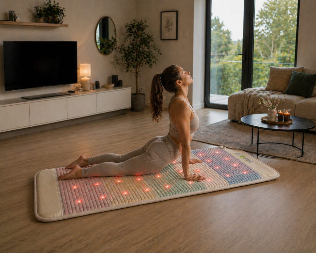 Eine Frau macht Gymnastik auf der Biolife® Premium Kristallmatte