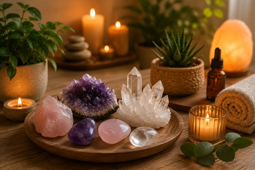 Viele Menschen verbinden natürliche Kristalle mit Ruhe, Entspannung und bewussten Wellness-Momenten zuhause.