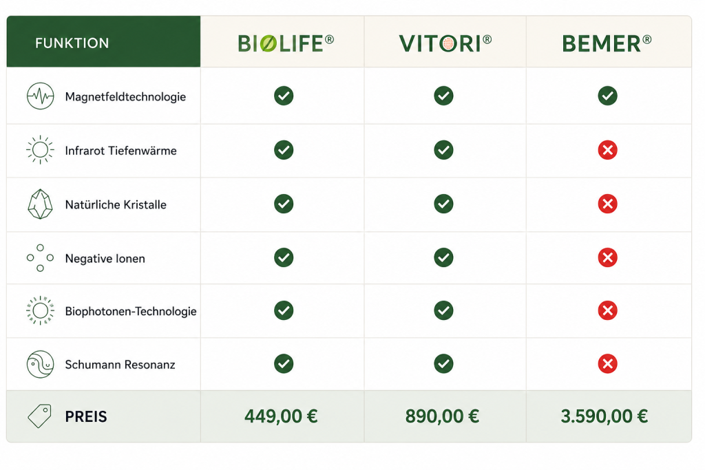 Vergleich von Anwendungen bei Magnetfeldmatten Hier vergleichen wir die Anwendungen vom Biolife® Vitori und BEMER