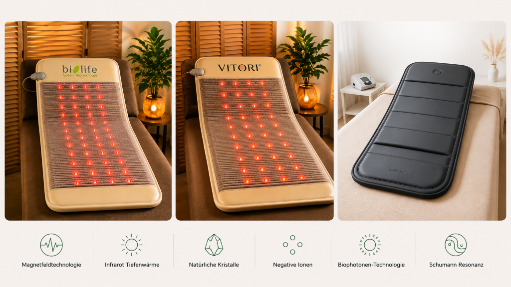 Biolife®, Vitori® und Bemer® im Vergleich Vergleich der Biolife® Kristallmatte mit der Vitori Kristallmatte und der BEMER Magnetfelmatte