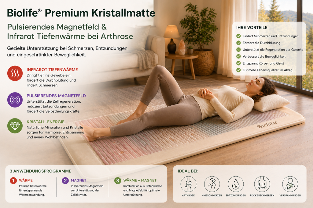 Arthrose behandeln mit der BIOlife® Premium Kristallmatte – Infrarot Tiefenwärme & pulsierendes Magnetfeld Frau entspannt auf der Biolife® Premium Kristallmatte mit Infrarot Tiefenwärme und pulsierendem Magnetfeld. Die Anwendung unterstützt bei Arthrose, Knieschmerzen, Entzündungen und eingeschränkter Beweglichkeit.