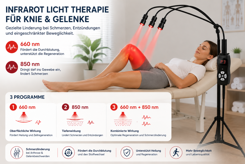 Infrarot Lichttherapie für Knie & Gelenke – 660 nm und 850 nm Rotlichtlampe Frau erhält eine Infrarot Lichttherapie am Knie mit einer Rotlichtlampe. Die Therapie nutzt 660 nm Rotlicht und 850 nm Nahinfrarotlicht sowie drei Programme für Regeneration, Schmerzlinderung und Unterstützung der Beweglichkeit bei Gelenkbeschwerden