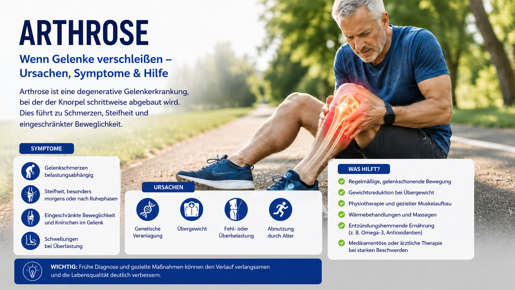 Arthrose – Ursachen, Symptome und Hilfe bei Knieschmerzen Älterer Herr mit Knieschmerzen auf einer Treppe sowie Informationen zu Ursachen, Symptomen und Behandlungsmöglichkeiten bei Arthrose.