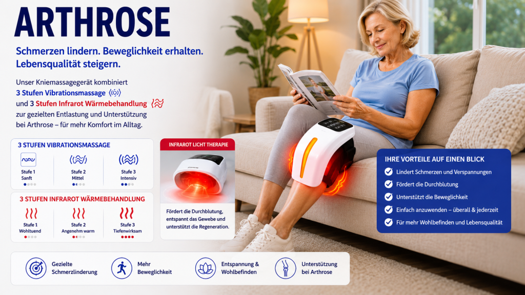 Knie Massagegerät bei Arthrose – Infrarot Wärme & Vibrationsmassage Ältere Frau nutzt ein Knie Massagegerät mit drei Massagestufen, drei Infrarot Wärmestufen und Infrarot Licht Therapie zur Linderung von Arthrose und Knieschmerzen im Alltag.