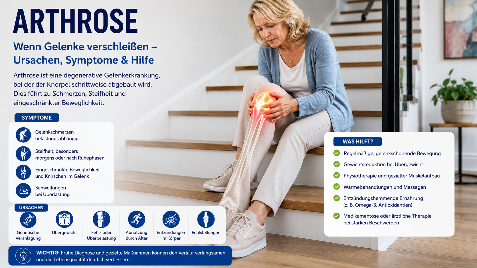 Arthrose – Ursachen, Symptome und Hilfe bei Gelenkschmerzen Informationsbild zum Thema Arthrose mit einem älteren Mann, der aufgrund von Knieschmerzen auf einem Weg sitzt. Das Bild erklärt Symptome, Ursachen und mögliche Hilfen bei Arthrose.