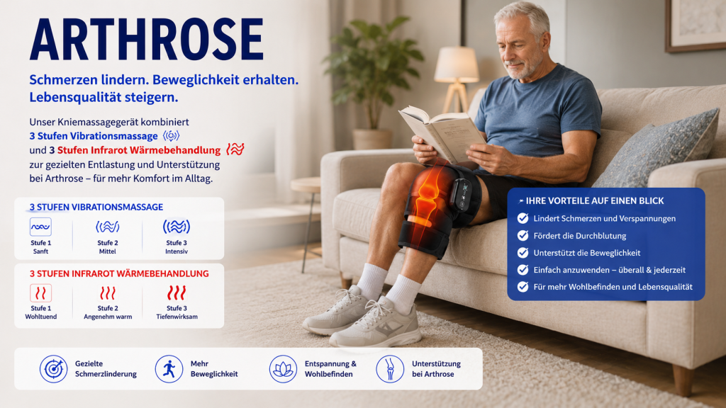 Arthrose lindern mit Knie Massagegerät und Infrarot Wärmebehandlung Älterer Herr mit Arthrose nutzt ein Knie Massagegerät mit 3 Stufen Vibrationsmassage und 3 Stufen Infrarot Wärmebehandlung zur Linderung von Knieschmerzen im Wohnzimmer.