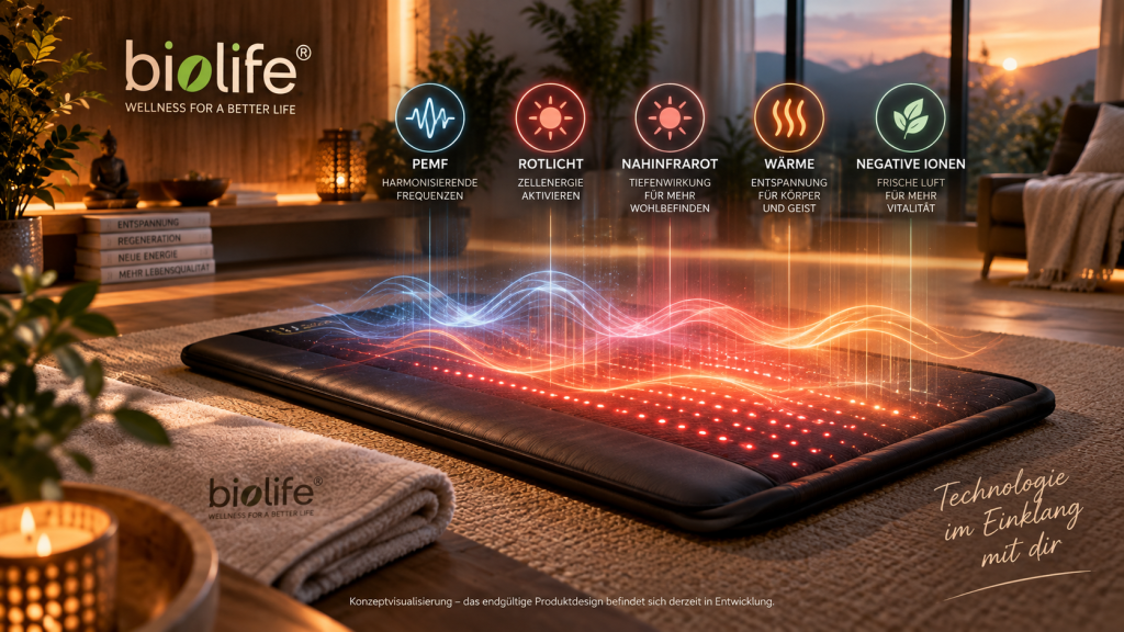 Die nächste Generation der biolife® Wellness-Technologie – Konzeptvisualisierung Konzeptvisualisierung einer zukünftigen biolife® Wellness-Matte mit PEMF, Rotlicht, Nahinfrarot, Wärme und negativen Ionen in einem modernen, gemütlichen Wohnraum.
