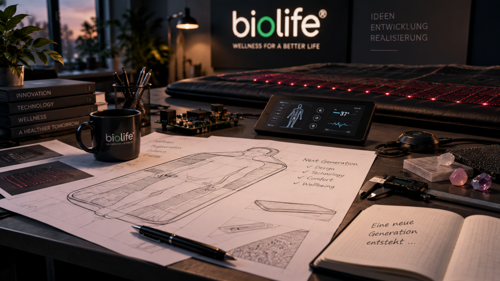 Ein Blick hinter die Kulissen – die nächste biolife® Generation entsteht Entwicklung einer neuen biolife® Matte mit technischen Entwürfen, moderner Steuerung und innovativen Wellness-Technologien.
