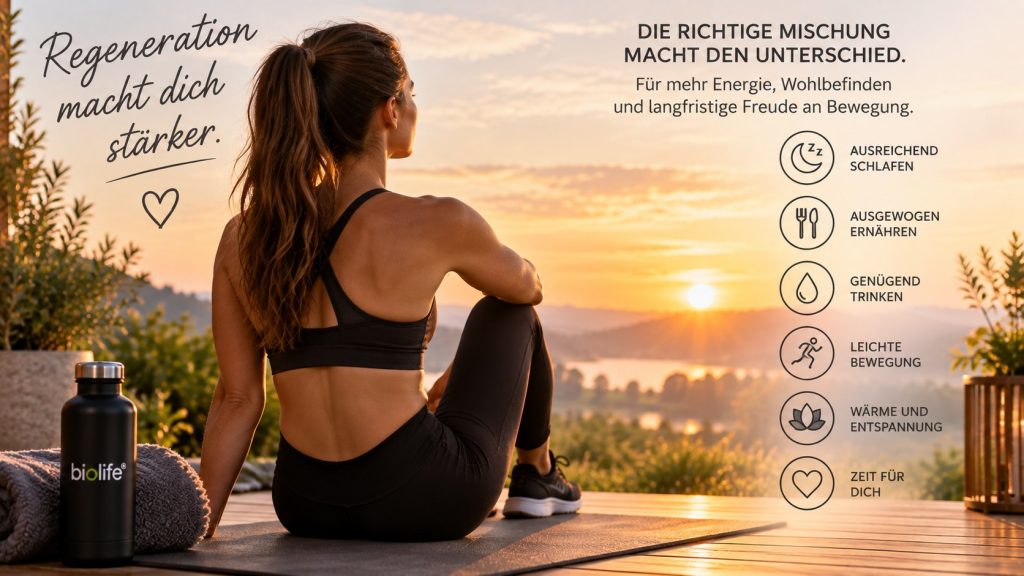 Regeneration nach dem Sport – die richtige Mischung macht den Unterschied Sportlerin entspannt nach dem Training bei Sonnenuntergang – Schlaf, Ernährung, Bewegung, Wärme und Ruhe gehören zur Regeneration.