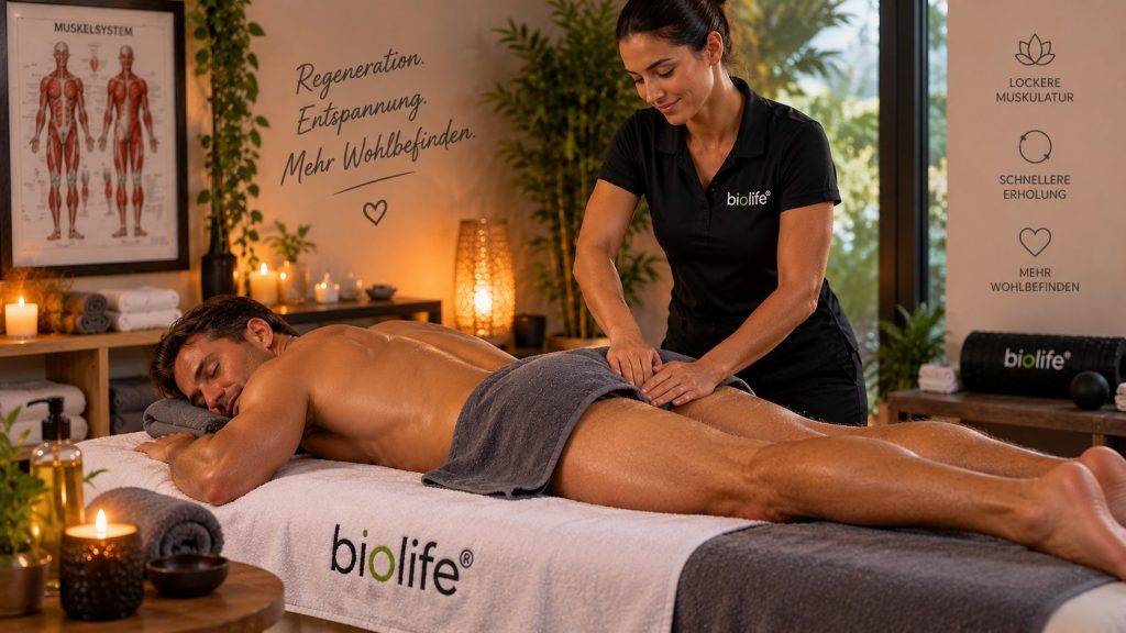 Massage nach dem Sport – Entspannung für beanspruchte Muskulatur Sportler erhält nach dem Training eine entspannende Massage – eine mögliche Ergänzung zur persönlichen Regenerationsroutine.