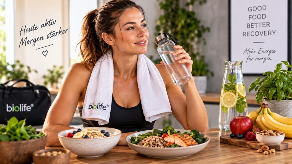 Ernährung und Flüssigkeit nach dem Sport – Energie für die Regeneration Sportlerin trinkt nach dem Training Wasser und stärkt sich mit einer ausgewogenen Mahlzeit zur Unterstützung der Regeneration.