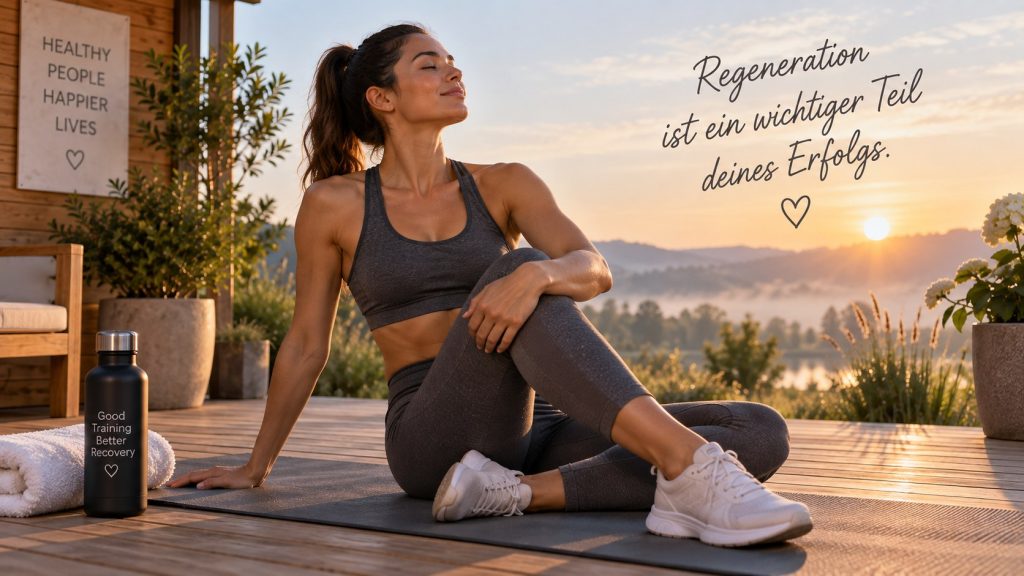 Regeneration nach dem Sport – dem Körper Zeit zur Erholung geben Sportlerin entspannt sich nach dem Training bei sanfter Bewegung – bewusste Erholung und Trainingspausen unterstützen die Regeneration.