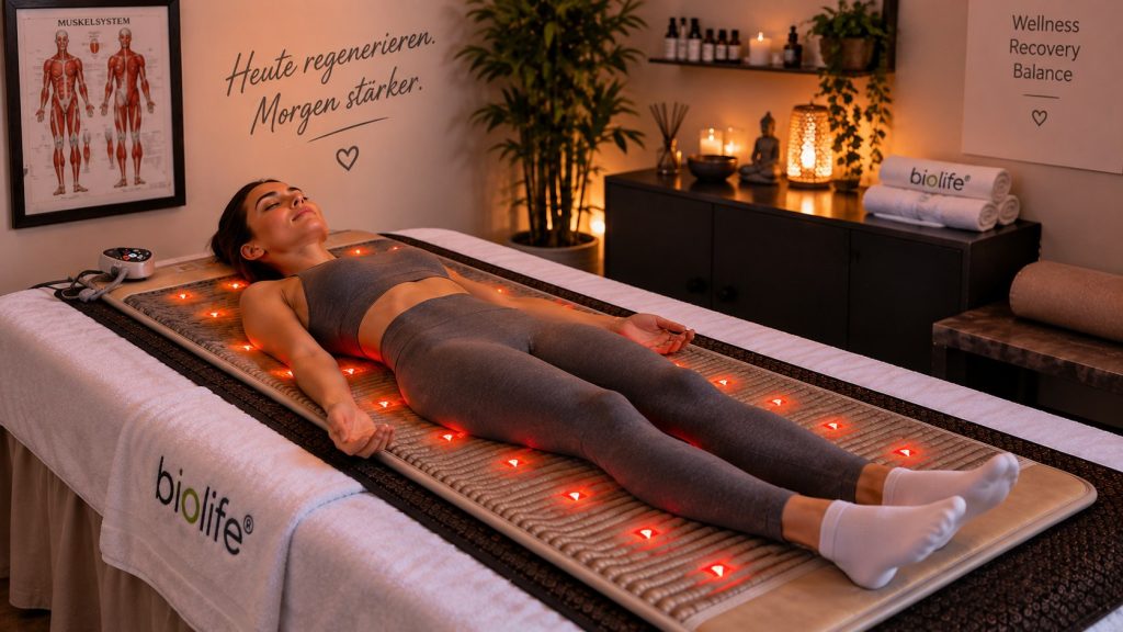 Regeneration nach dem Sport auf der biolife® Premium Kristallmatte Sportlerin entspannt nach dem Training auf einer biolife® Premium Kristallmatte mit Wärme und rotem Biophotonenlicht.
