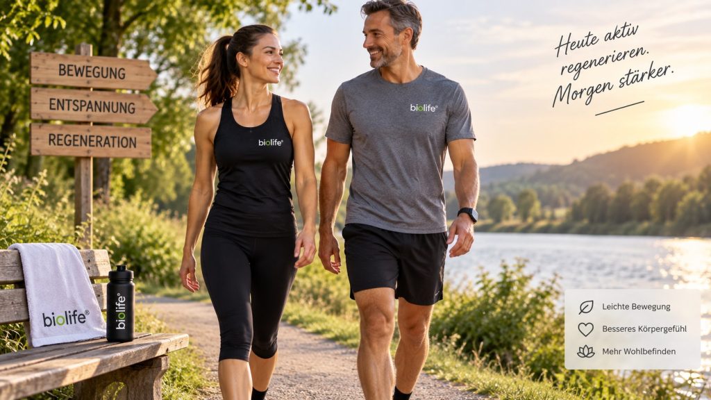 Aktive Regeneration – leichte Bewegung nach dem Sport Sportliches Paar bei einem entspannten Spaziergang nach dem Training – leichte Bewegung als Teil der aktiven Regeneration.