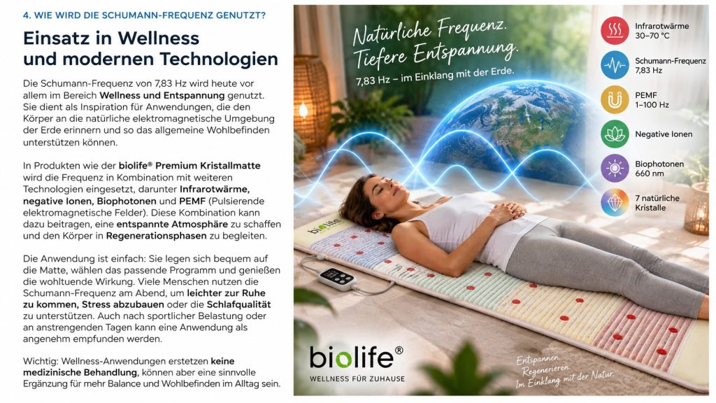 Schumann-Frequenz 7,83 Hz im Wellnessbereich Frau entspannt auf einer biolife® Premium Kristallmatte mit symbolischer Darstellung der Schumann-Frequenz von 7,83 Hz und verschiedener Wellness-Technologien.