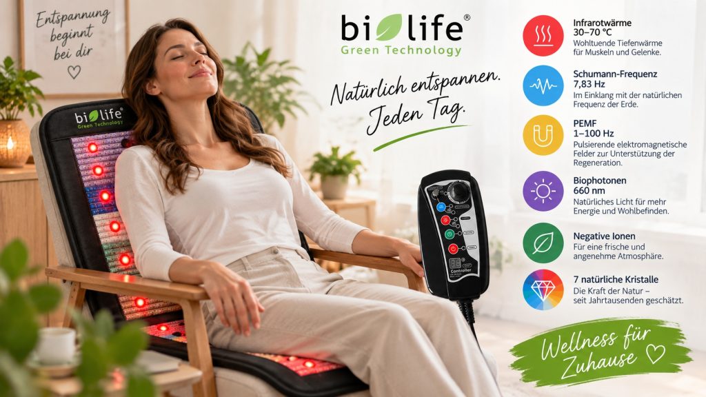 Schumann-Frequenz 7,83 Hz auf der biolife® Premium Stuhl Kristallmatte Frau entspannt auf einer biolife® Premium Stuhl Kristallmatte mit PEMF, Schumann-Frequenz 7,83 Hz, Infrarotwärme und weiteren Wellness-Funktionen.