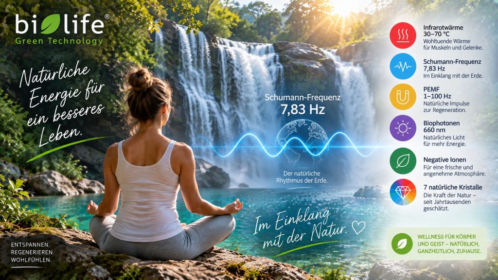 Schumann-Frequenz 7,83 Hz – im Einklang mit der Natur Frau meditiert bei Sonnenaufgang in der Natur mit Erde und symbolischer 7,83-Hz-Welle als Darstellung der Schumann-Frequenz.