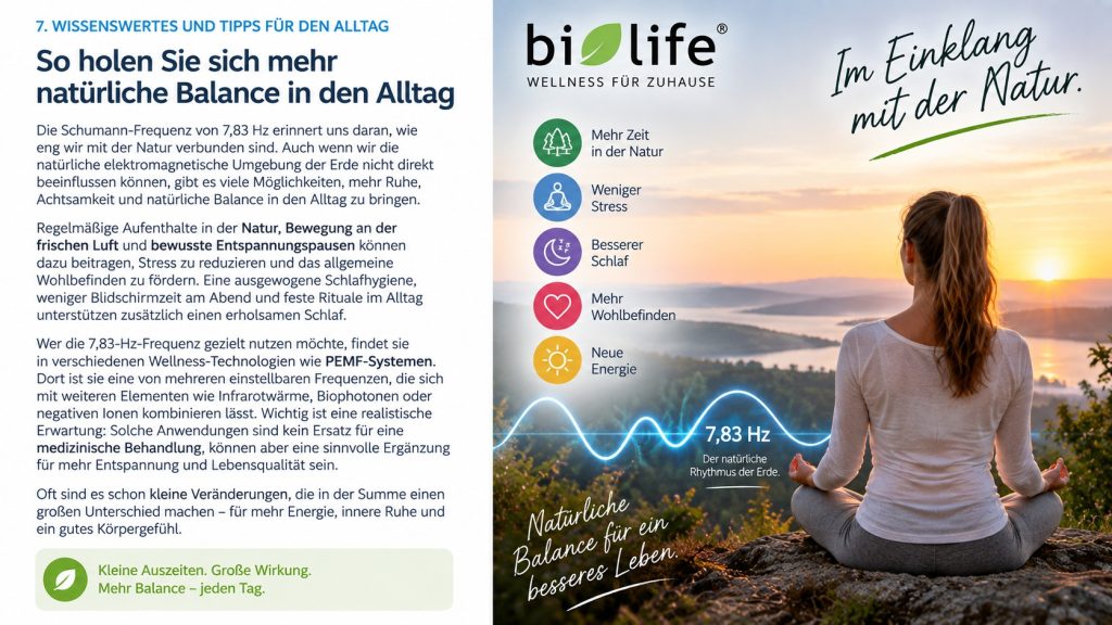 Schumann-Frequenz 7,83 Hz – natürliche Balance im Alltag Frau meditiert bei Sonnenuntergang in der Natur mit symbolischer Frequenzwelle von 7,83 Hz als Darstellung der Schumann-Resonanz.