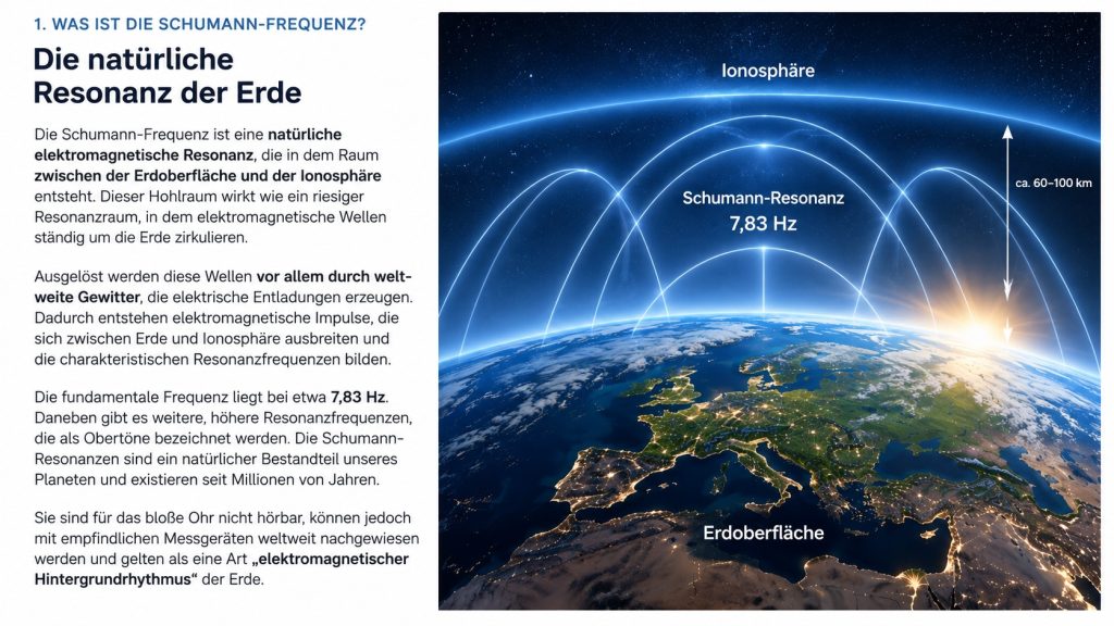 Schumann-Resonanz zwischen Erdoberfläche und Ionosphäre Darstellung der Erde mit elektromagnetischen Resonanzwellen zwischen Erdoberfläche und Ionosphäre zur Erklärung der Schumann-Frequenz von etwa 7,83 Hz.