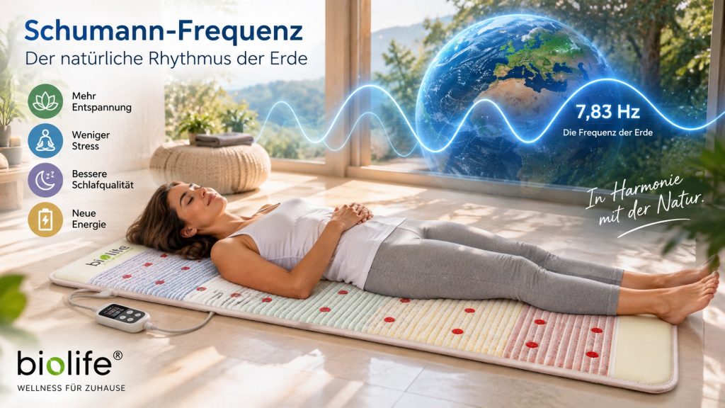 Schumann-Frequenz 7,83 Hz – natürlicher Rhythmus der Erde Frau bei einer Wellness-Anwendung mit symbolischer Darstellung der Schumann-Frequenz von 7,83 Hz und der Erde im Hintergrund.