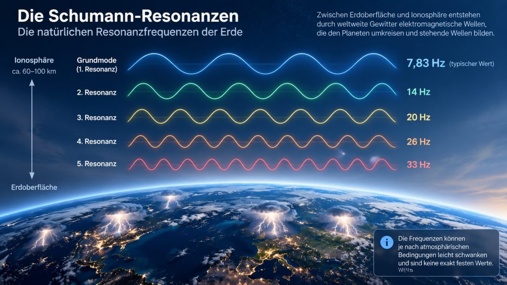 Schumann-Resonanzen – Grundfrequenz und höhere Resonanzen Grafische Darstellung der Schumann-Resonanzen mit der Grundfrequenz von 7,83 Hz sowie weiteren Resonanzen bei etwa 14, 20, 26 und 33 Hz.