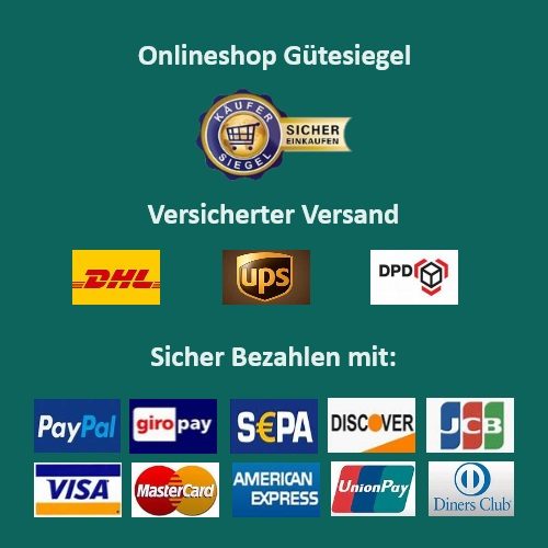 Schneller, versicherter Versand, sicheres Bezahlen, geprüfter Onlineshop mit Gütesiegel.