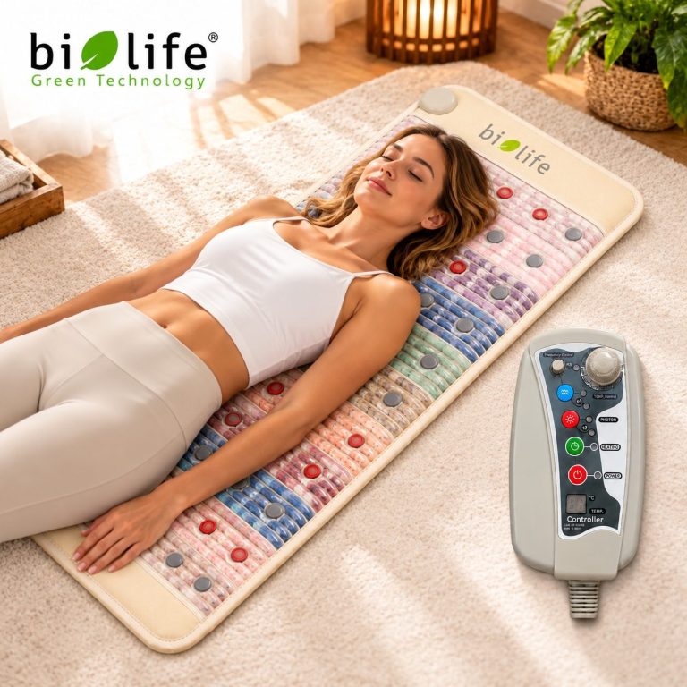 biolife® Premium Kristallmatte Mini – Anwendung zu Hause Frau entspannt auf einer biolife® Premium Kristallmatte Mini.