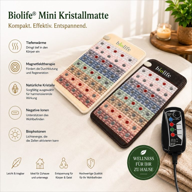 biolife® Premium Kristallmatte Mini in Beige und Schwarz Die biolife® Premium Kristallmatte Mini in Beige und Schwarz mit Controller – kompakte Kristallmatte für Zuhause und unterwegs