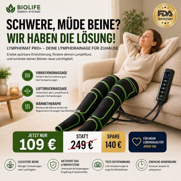 Lymphomat Pro+ gegen schwere und müde Beine mit Luftdruckmassage und Wärmetherapie für spürbare Entlastung zuhause
