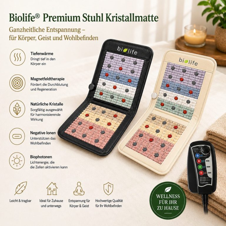 biolife® Premium Stuhl Kristallmatte in Beige oder Schwarz erhältlich, mit 7 natürlichen Kristallen, Infrarot Tiefenwärme und PEMF