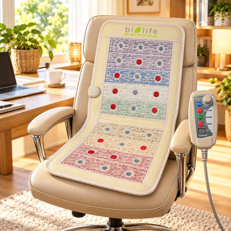 Beige biolife® Premium Stuhl Kristallmatte auf einem ergonomischen Bürostuhl in einem hellen Homeoffice, mit passendem Controller.
