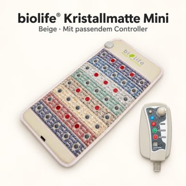 Kristallmatte Mini Beige biolife® Kristallmatte Mini mit farbigen Kristallreihen, roten Lichtelementen und beigem Controller.