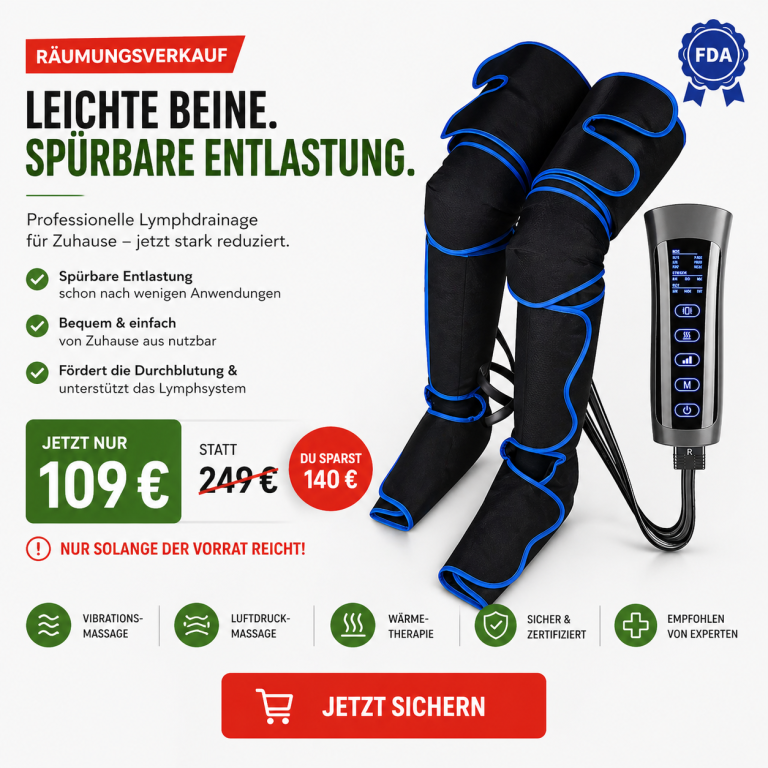 Lymphomat Pro+ Beinmassagegerät mit Luftdruckmassage, Vibrationsmassage und Wärmetherapie zur Lymphdrainage für zuhause